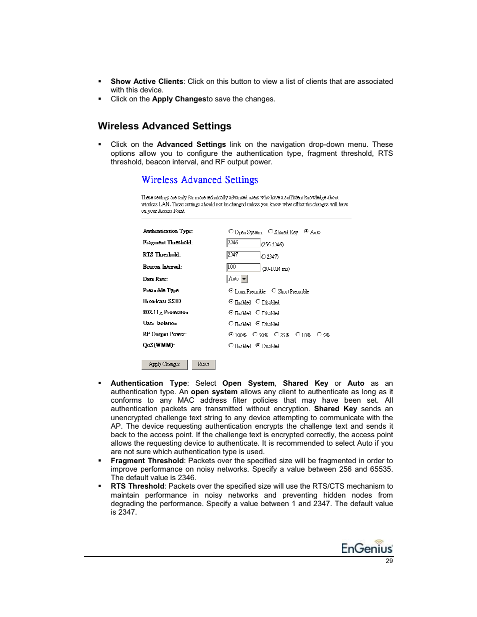 Wireless advanced settings | EnGenius Technologies EnGenius 11b/g Wireless SOHO Router 1.2 User Manual | Page 29 / 47