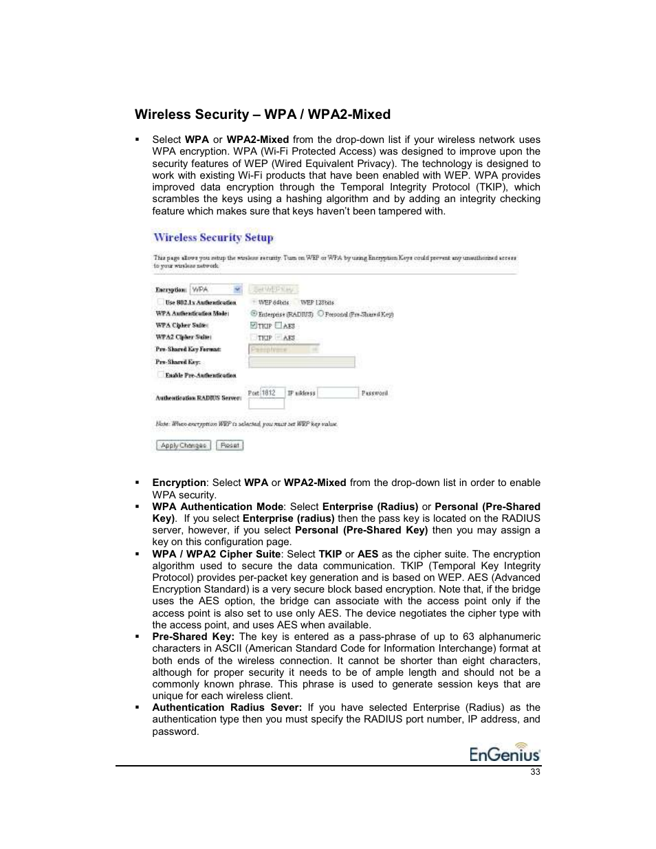 Wireless security – wpa / wpa2-mixed | EnGenius Technologies EnGenius 11b/g Wireless SOHO Router 1.2 User Manual | Page 33 / 47