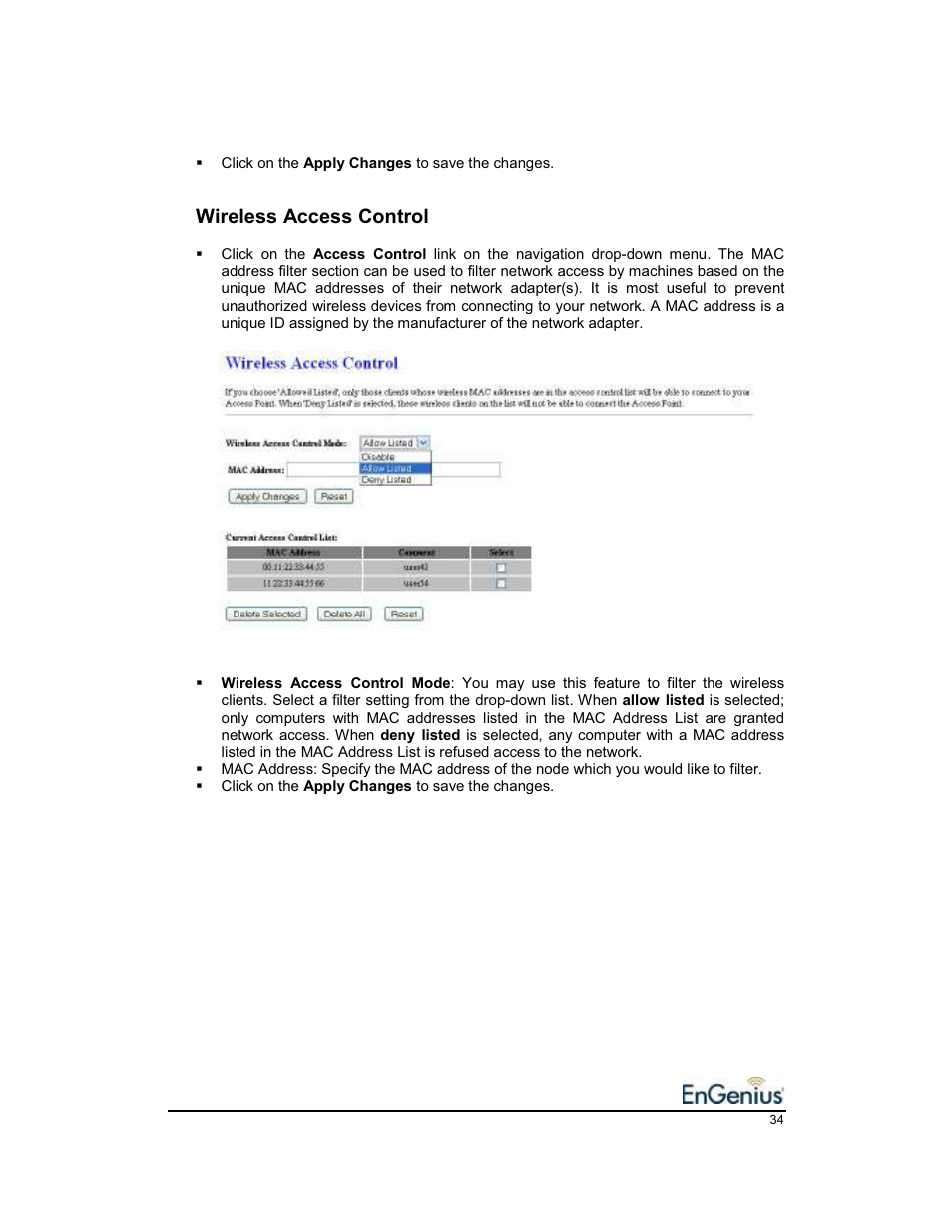 Wireless access control | EnGenius Technologies EnGenius 11b/g Wireless SOHO Router 1.2 User Manual | Page 34 / 47