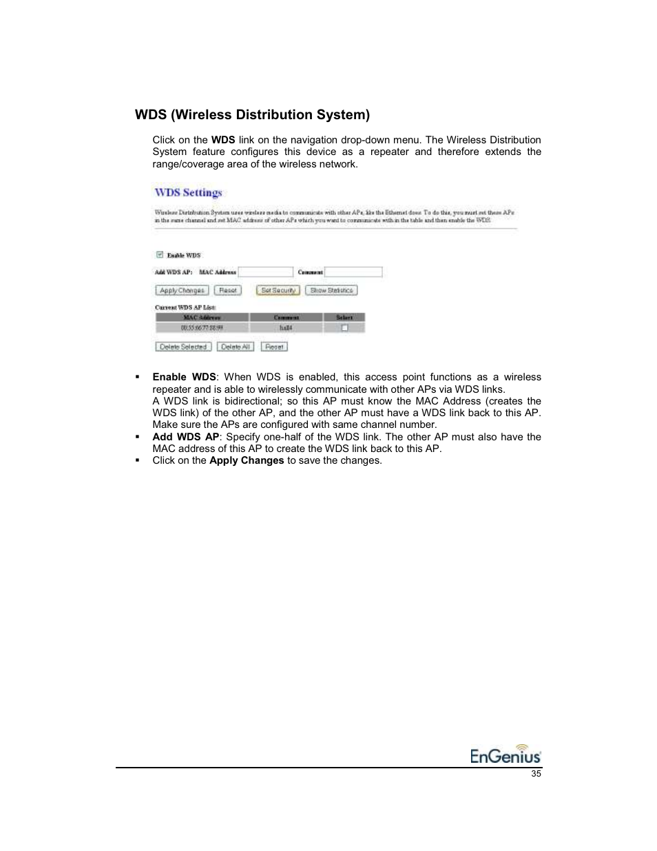 Wds (wireless distribution system) | EnGenius Technologies EnGenius 11b/g Wireless SOHO Router 1.2 User Manual | Page 35 / 47