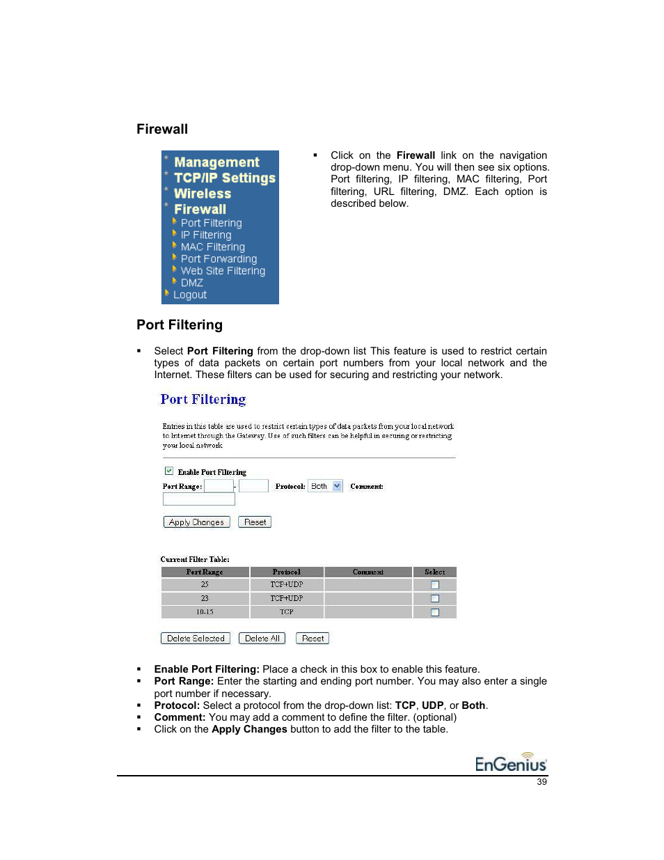 Firewall, Port filtering | EnGenius Technologies EnGenius 11b/g Wireless SOHO Router 1.2 User Manual | Page 39 / 47