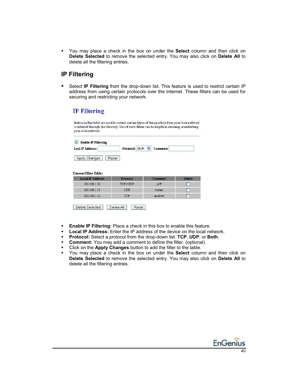 Ip filtering | EnGenius Technologies EnGenius 11b/g Wireless SOHO Router 1.2 User Manual | Page 40 / 47