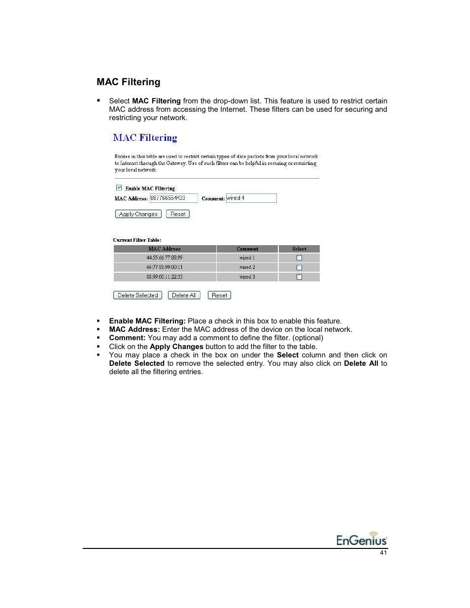 Mac filtering | EnGenius Technologies EnGenius 11b/g Wireless SOHO Router 1.2 User Manual | Page 41 / 47