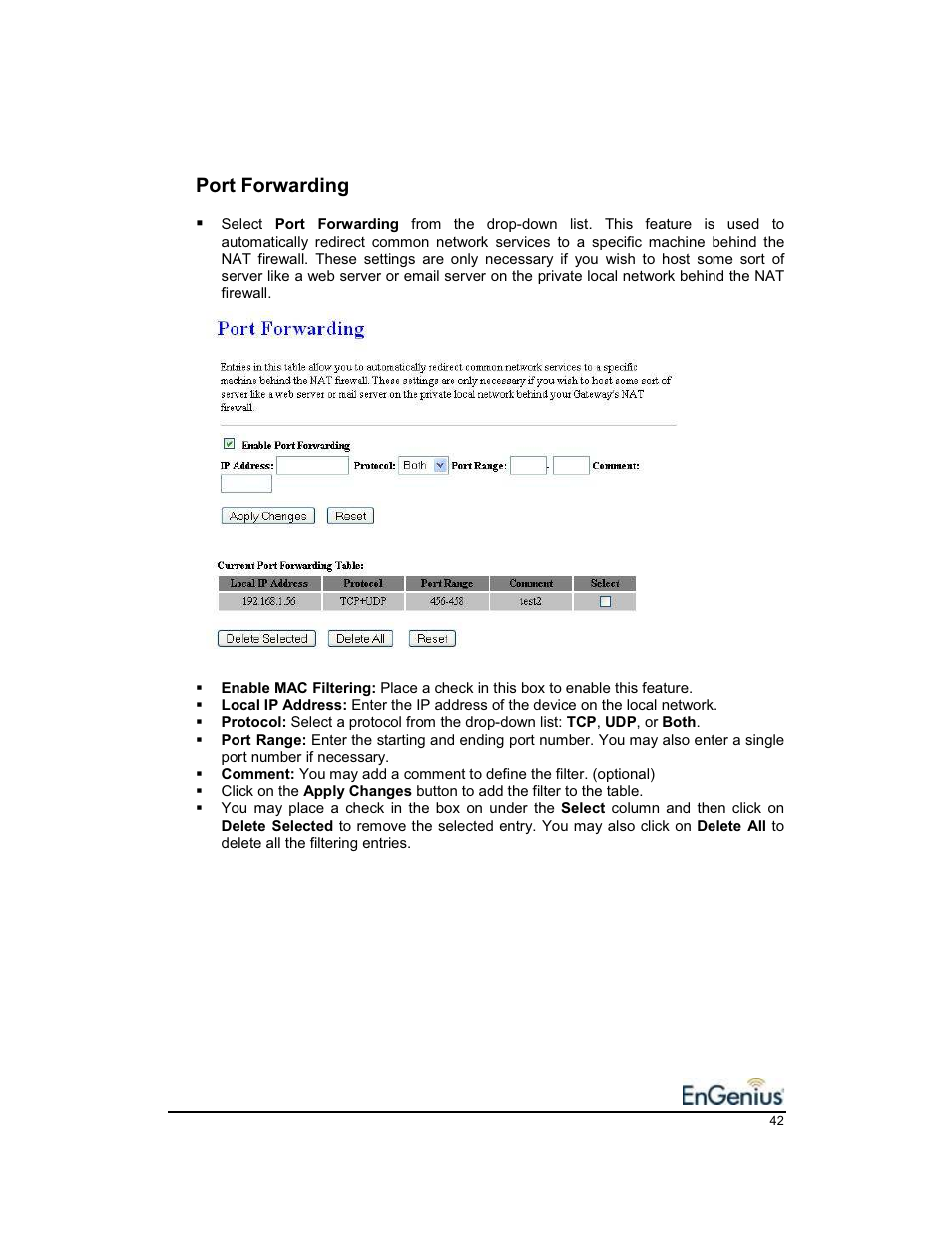 Port forwarding | EnGenius Technologies EnGenius 11b/g Wireless SOHO Router 1.2 User Manual | Page 42 / 47