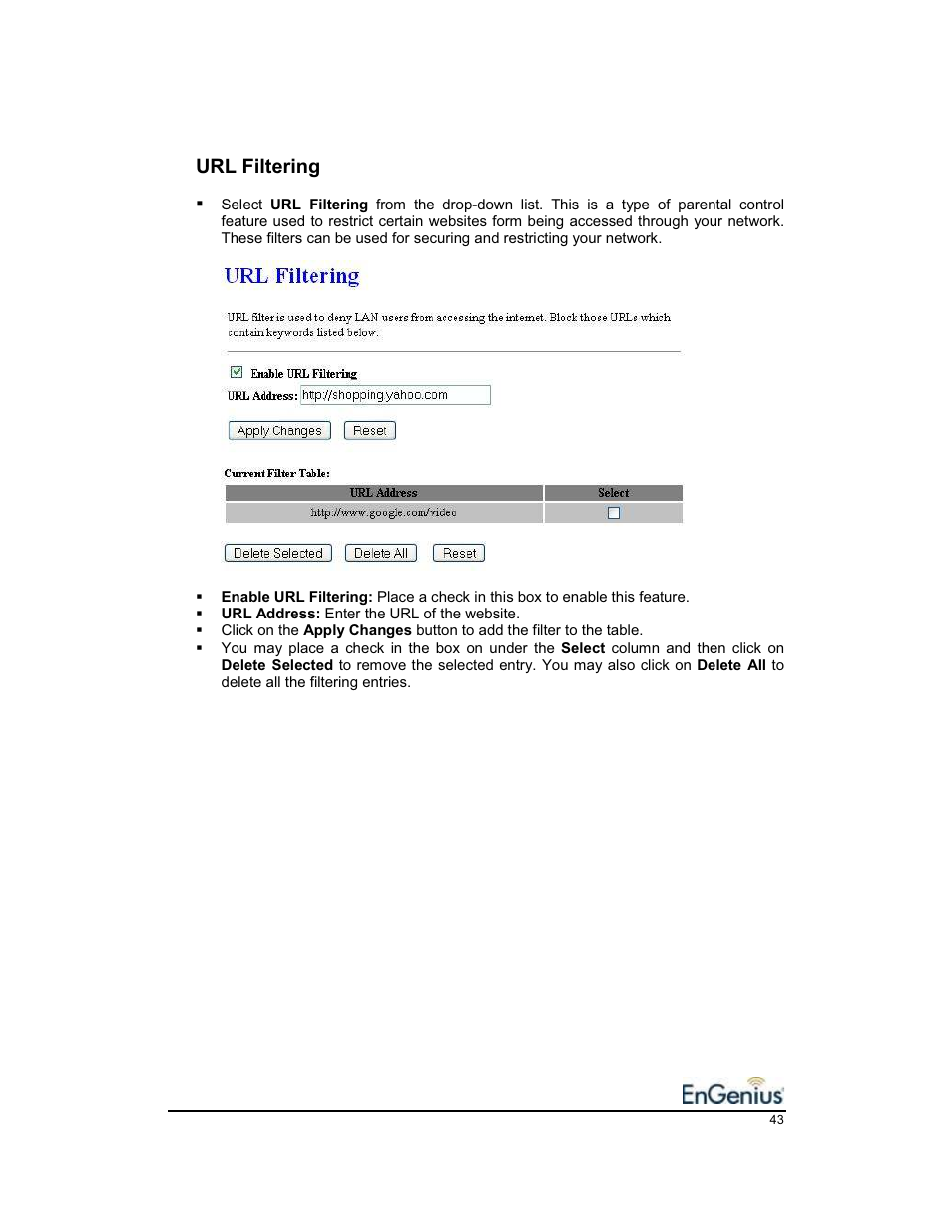 Url filtering | EnGenius Technologies EnGenius 11b/g Wireless SOHO Router 1.2 User Manual | Page 43 / 47