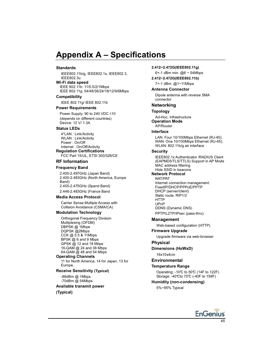 Appendix a – specifications | EnGenius Technologies EnGenius 11b/g Wireless SOHO Router 1.2 User Manual | Page 45 / 47