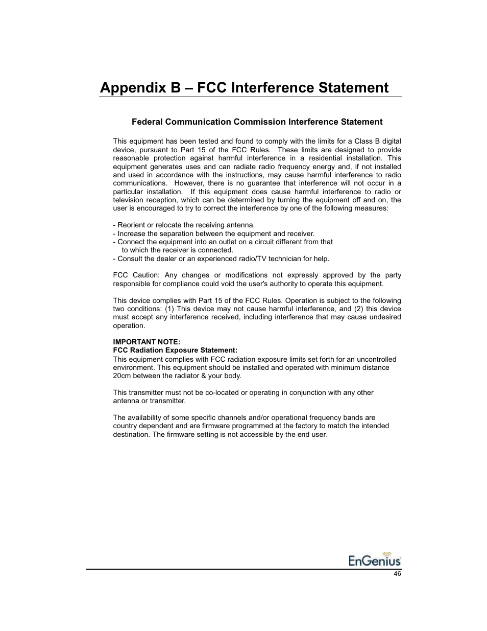 Appendix b – fcc interference statement | EnGenius Technologies EnGenius 11b/g Wireless SOHO Router 1.2 User Manual | Page 46 / 47