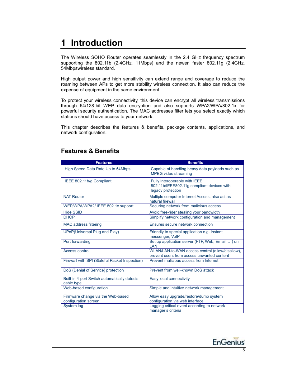 1 introduction, Features & benefits | EnGenius Technologies EnGenius 11b/g Wireless SOHO Router 1.2 User Manual | Page 5 / 47