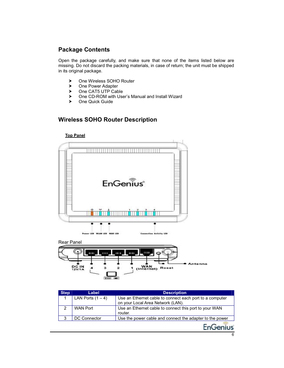 Package contents, Wireless soho router description | EnGenius Technologies EnGenius 11b/g Wireless SOHO Router 1.2 User Manual | Page 6 / 47