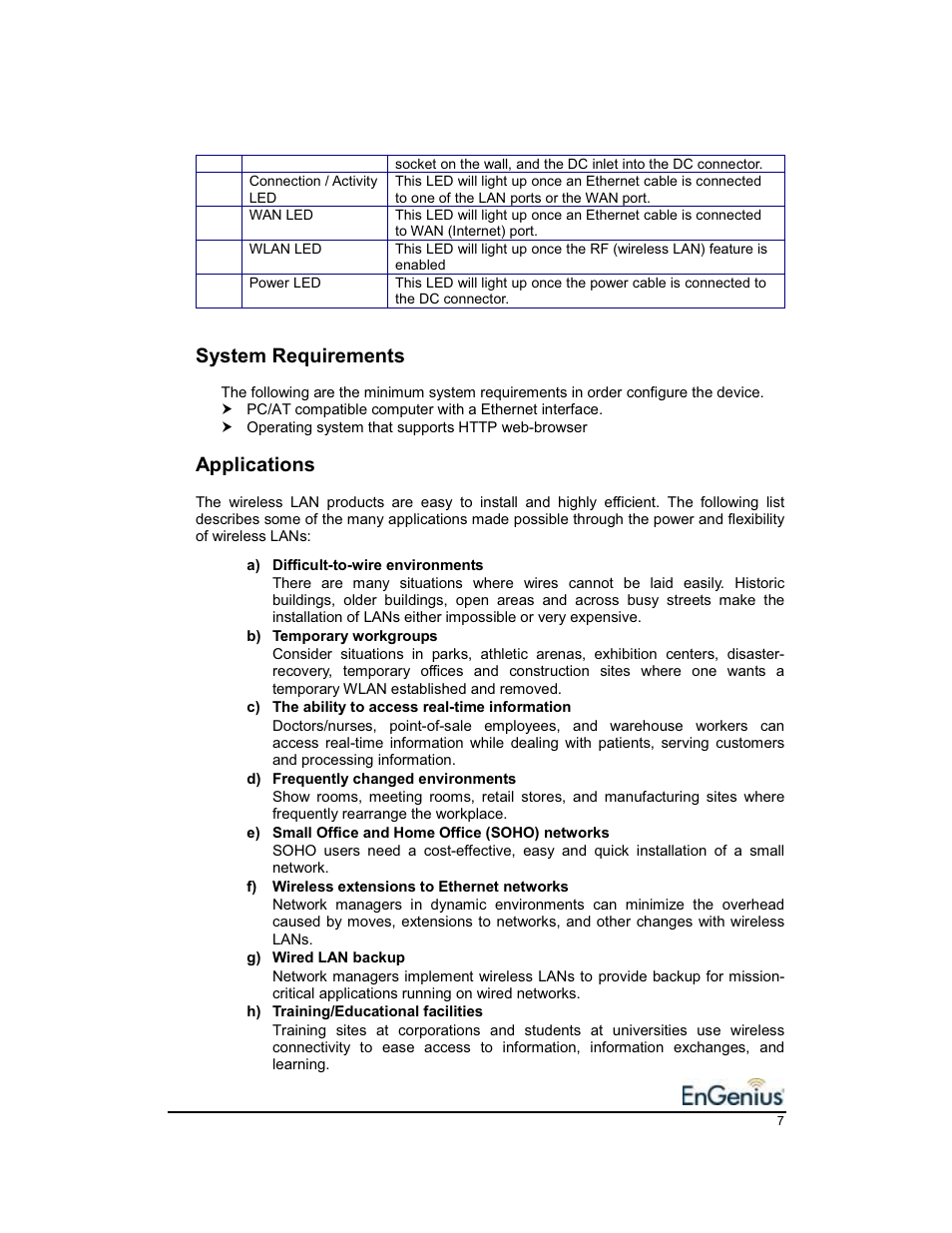 System requirements, Applications | EnGenius Technologies EnGenius 11b/g Wireless SOHO Router 1.2 User Manual | Page 7 / 47