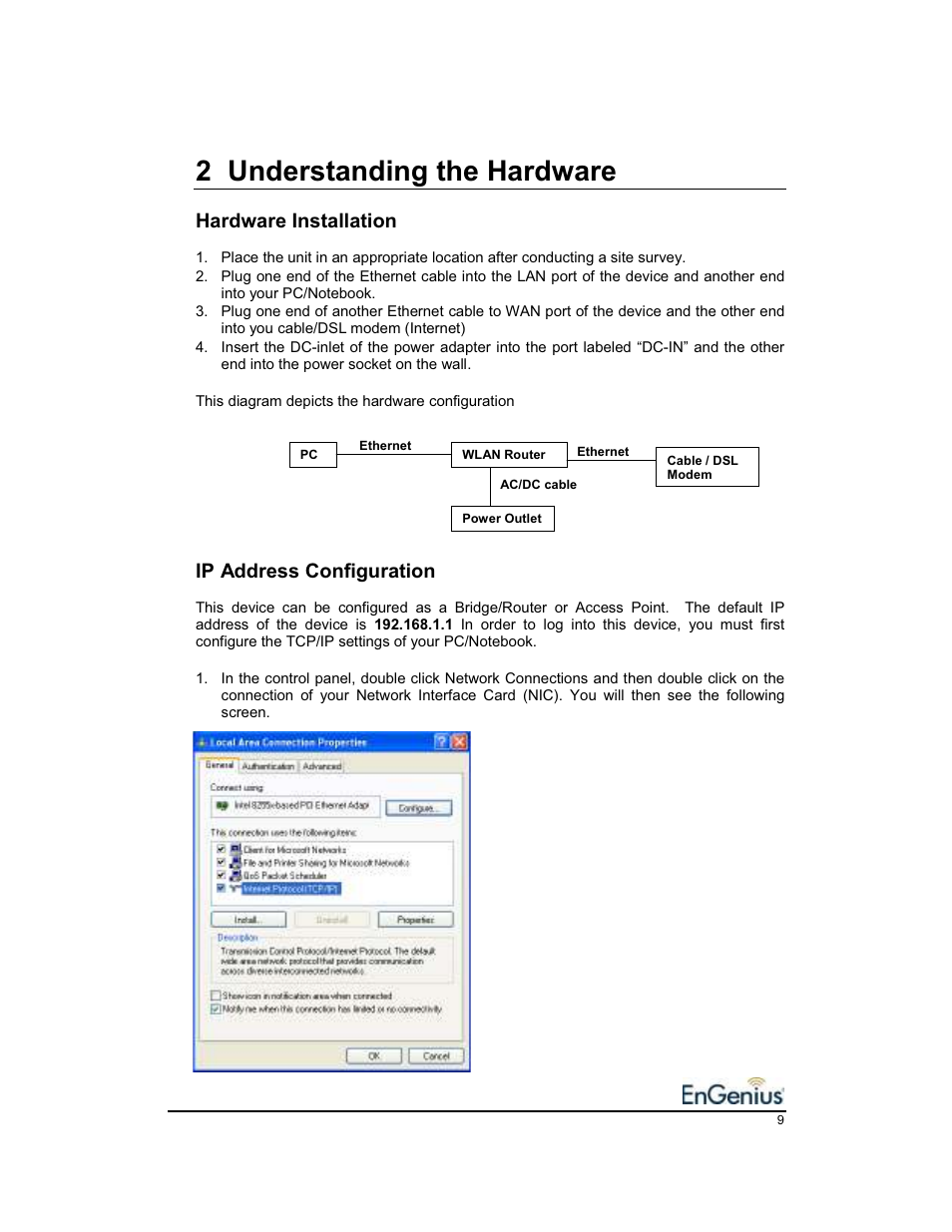 2 understanding the hardware, Hardware installation, Ip address configuration | EnGenius Technologies EnGenius 11b/g Wireless SOHO Router 1.2 User Manual | Page 9 / 47