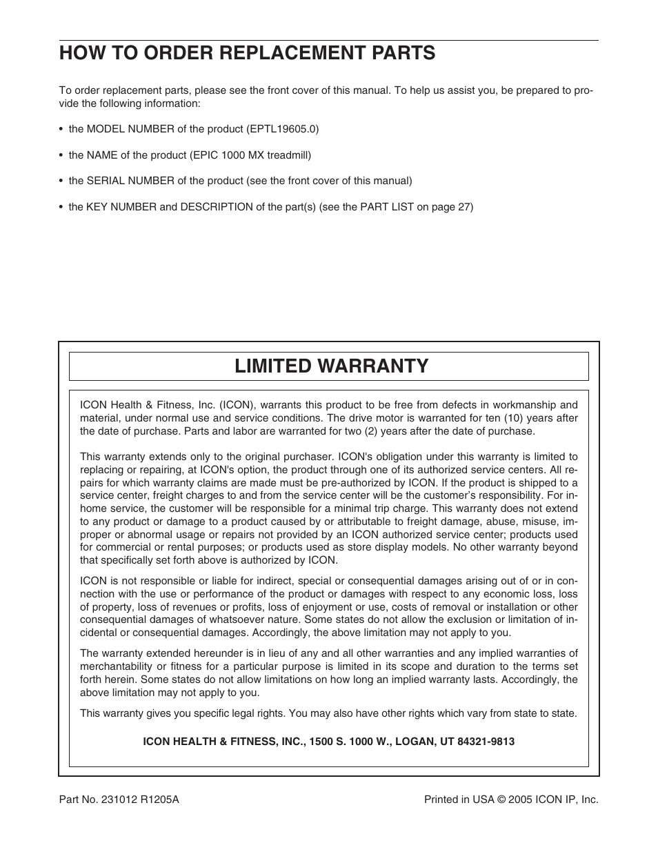 How to order replacement parts, Limited warranty | Epic Fitness 1000MX User Manual | Page 30 / 30