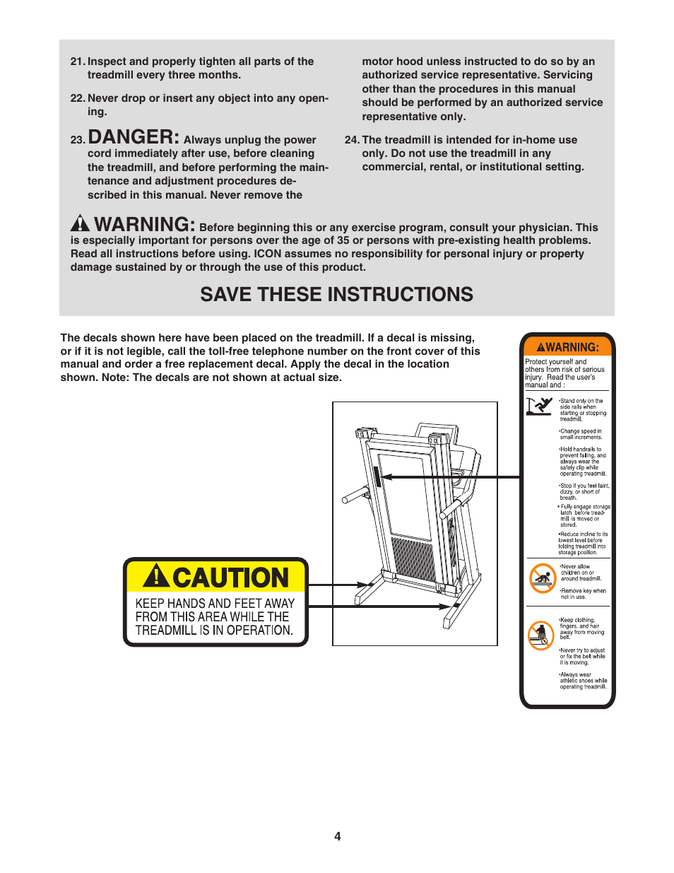 Danger, Warning, Save these instructions | Epic Fitness 1000MX User Manual | Page 4 / 30