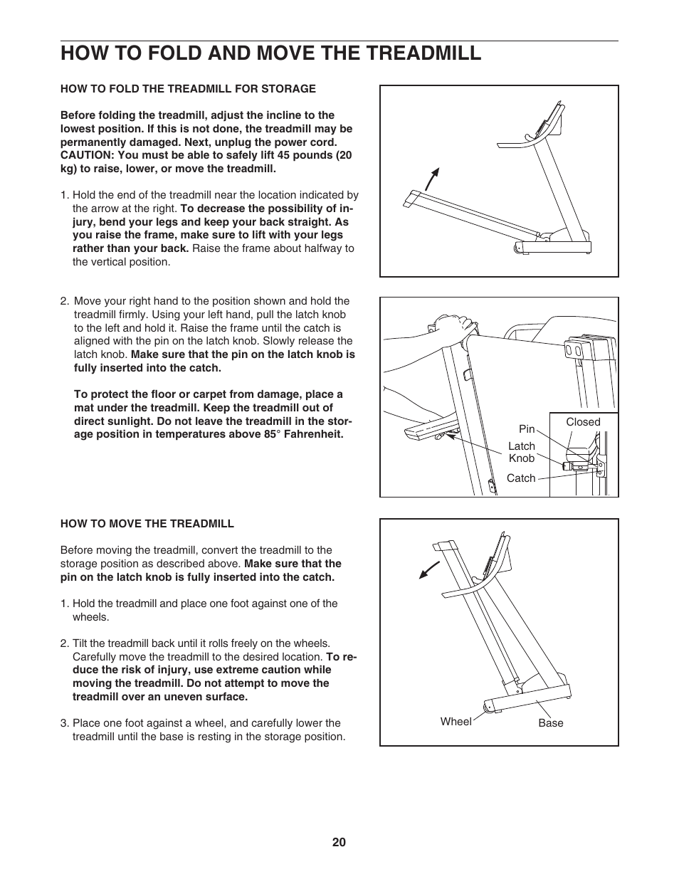 How to fold and move the treadmill | Epic Fitness EPTL09605.0 User Manual | Page 20 / 30