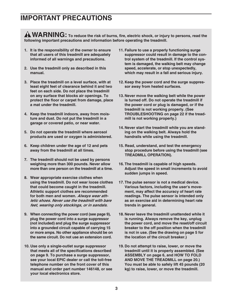 Warning, Important precautions | Epic Fitness EPTL09605.0 User Manual | Page 3 / 30