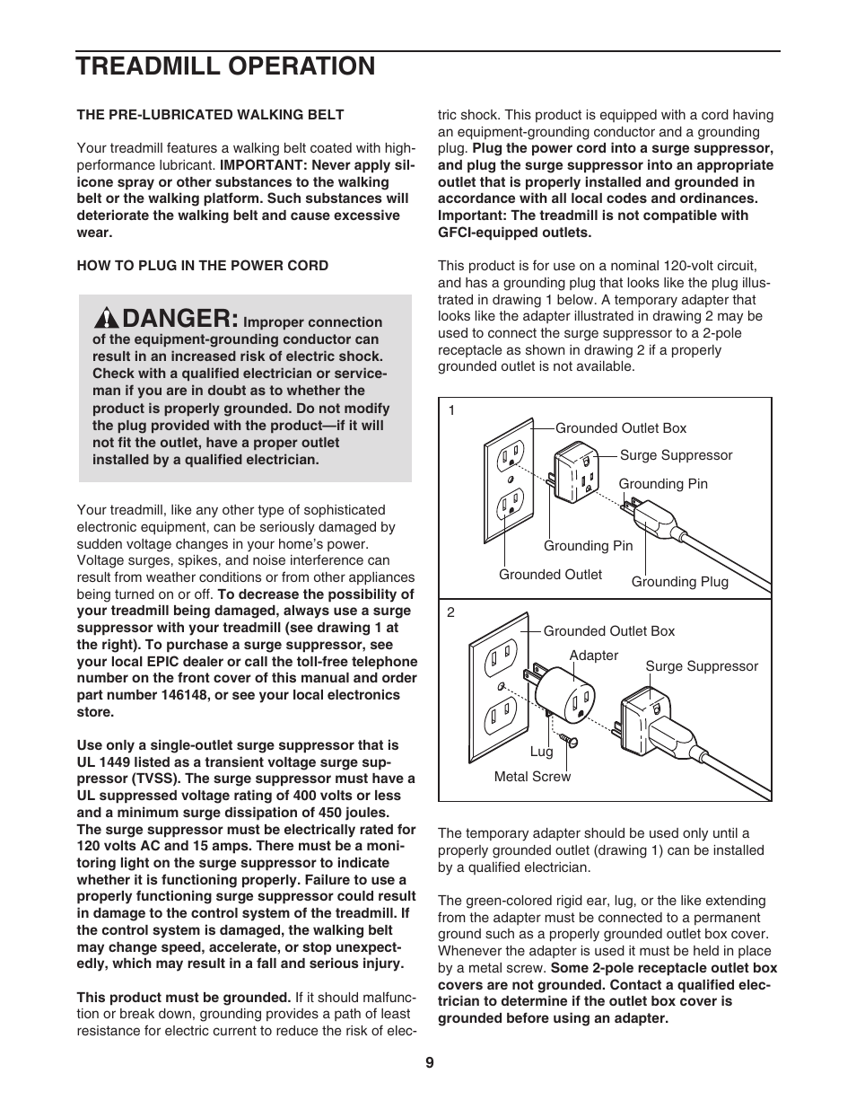 Danger, Treadmill operation | Epic Fitness EPTL09605.0 User Manual | Page 9 / 30