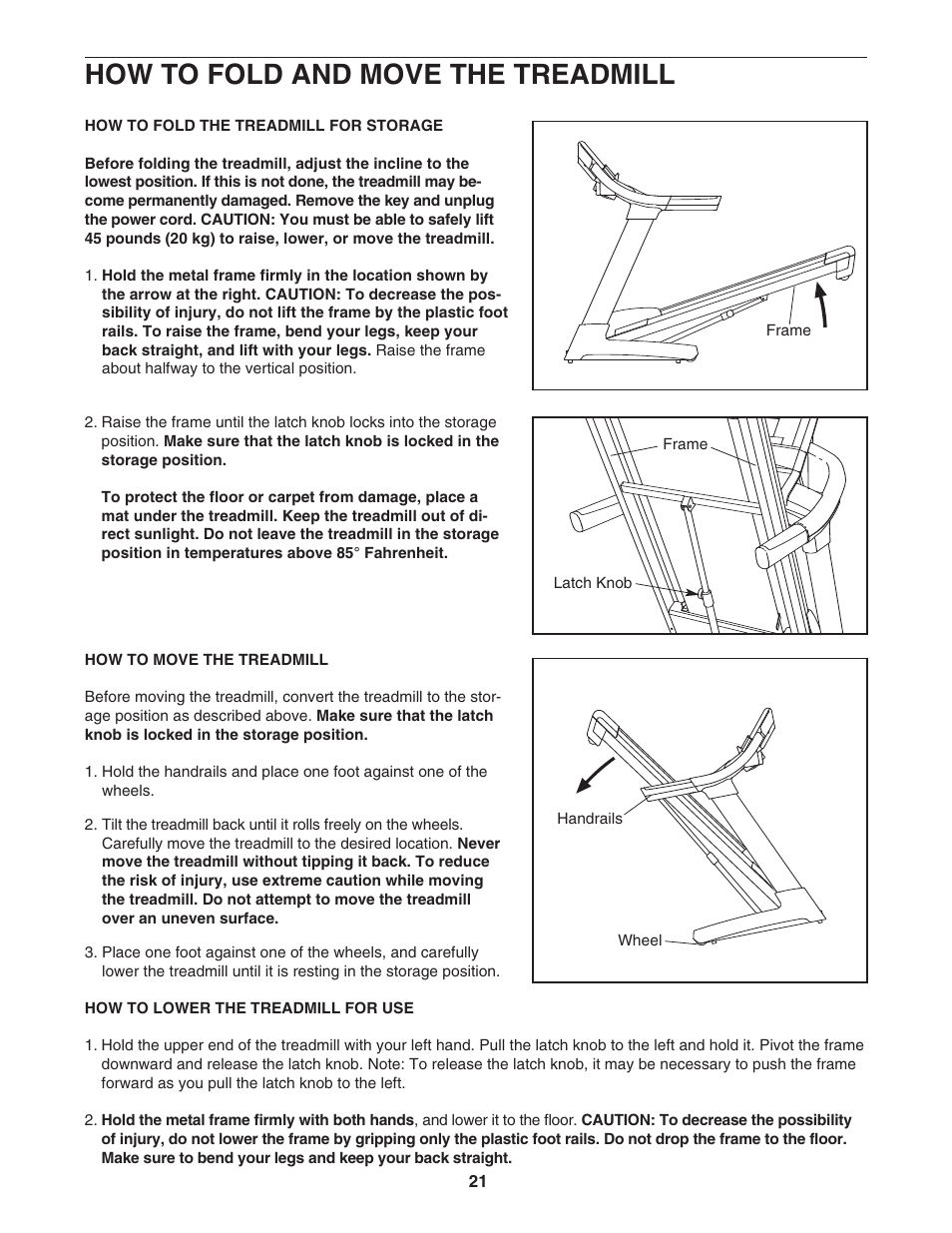 How to fold and move the treadmill | Epic Fitness Epic VIEW 550 ECTL09706.1 User Manual | Page 21 / 30
