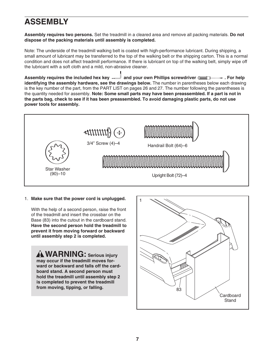 Assembly, Warning | Epic Fitness Epic VIEW 550 ECTL09706.1 User Manual | Page 7 / 30