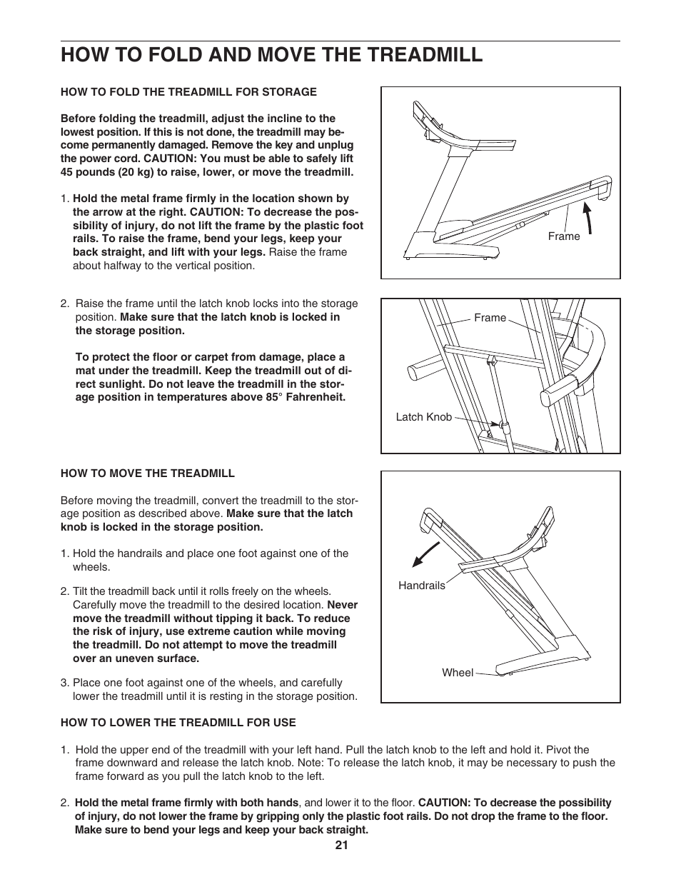How to fold and move the treadmill | Epic Fitness VIEW 550 EPTL09706.1 User Manual | Page 21 / 30
