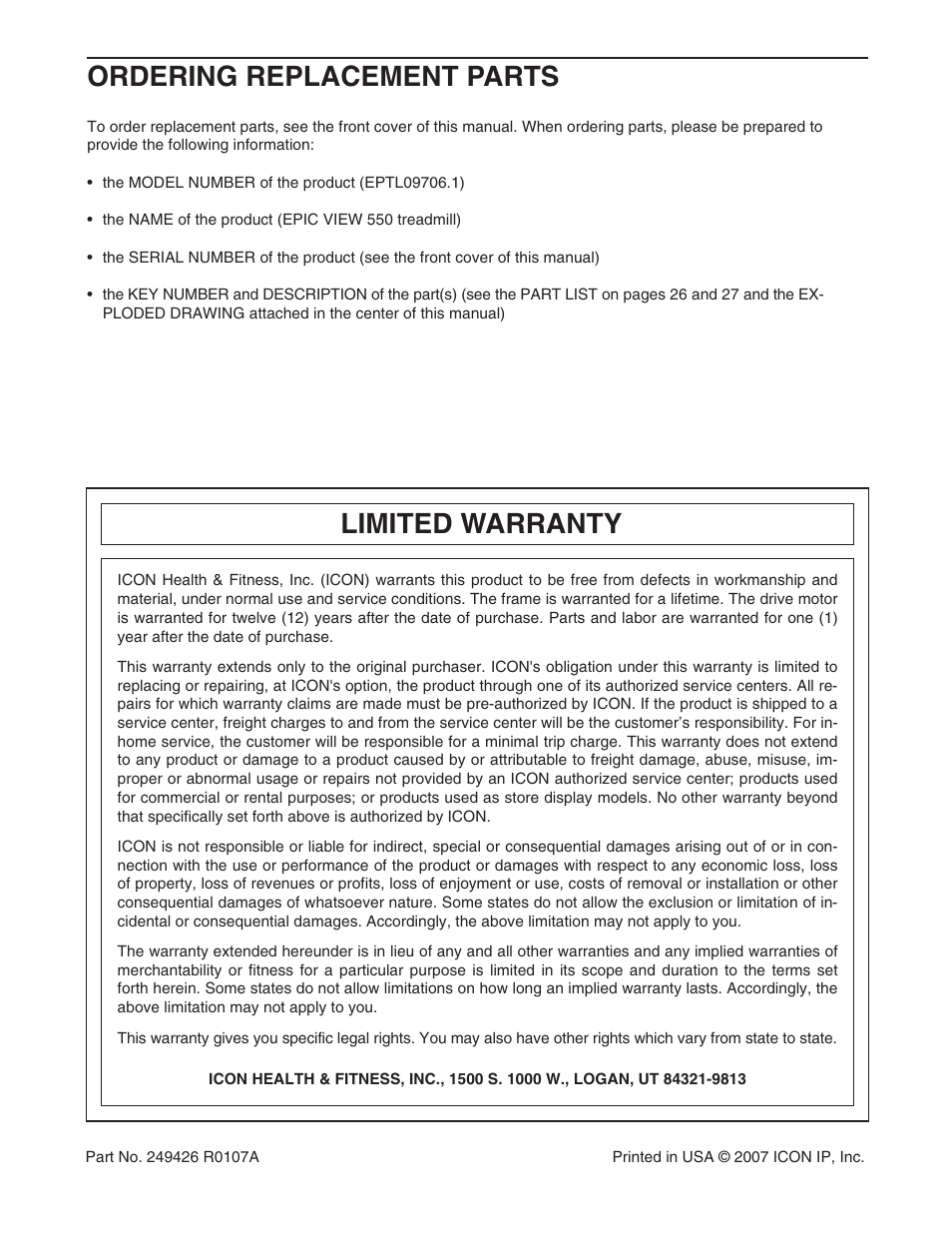 Limited warranty, Ordering replacement parts | Epic Fitness VIEW 550 EPTL09706.1 User Manual | Page 30 / 30
