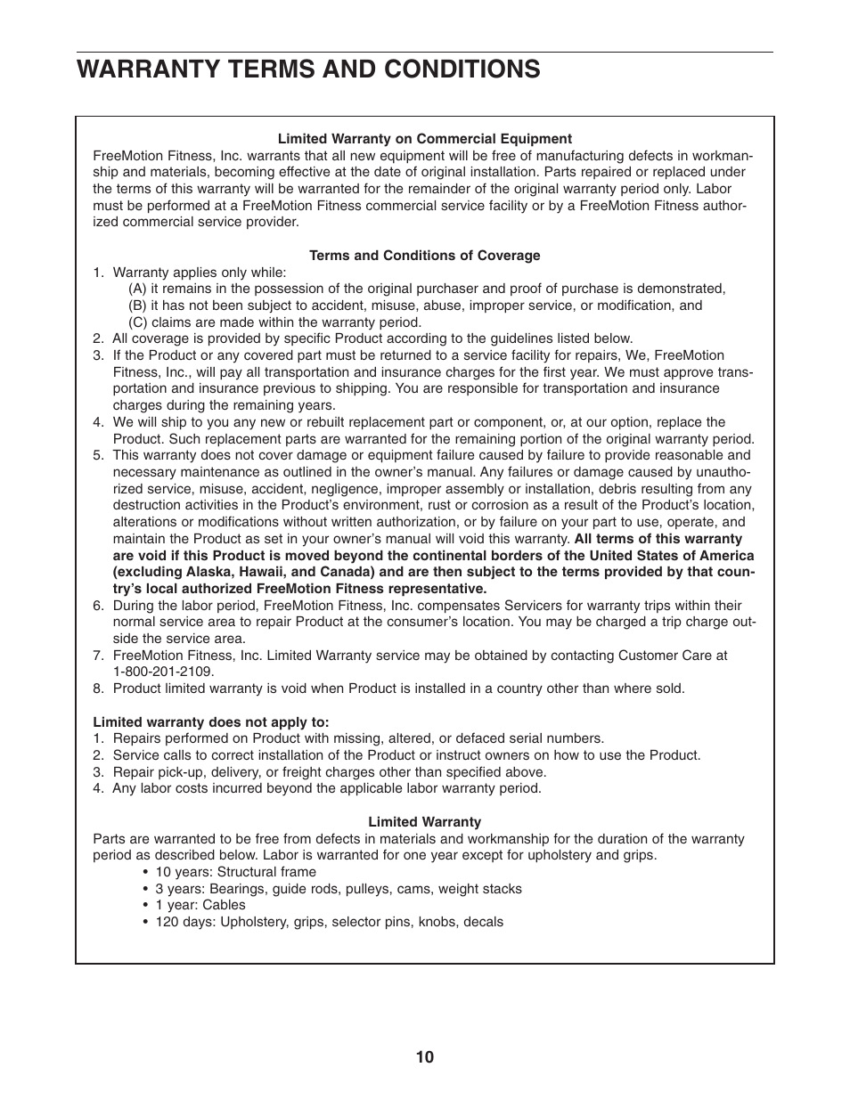 Warranty terms and conditions | Epic Fitness ADJUSTABLE BENCH strength bench 2003 User Manual | Page 10 / 12