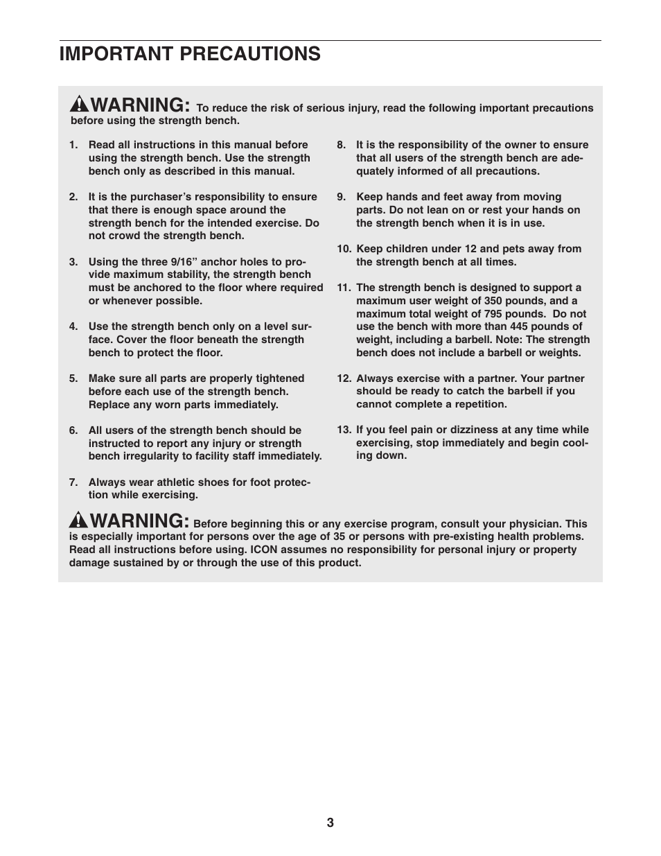 Warning, Important precautions | Epic Fitness ADJUSTABLE BENCH strength bench 2003 User Manual | Page 3 / 12