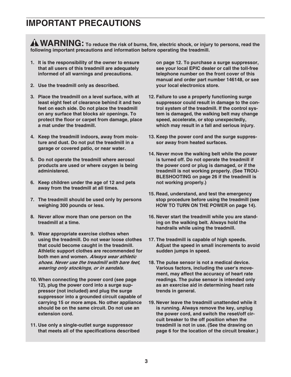 Warning, Important precautions | Epic Fitness EPTL09106.2 User Manual | Page 3 / 34