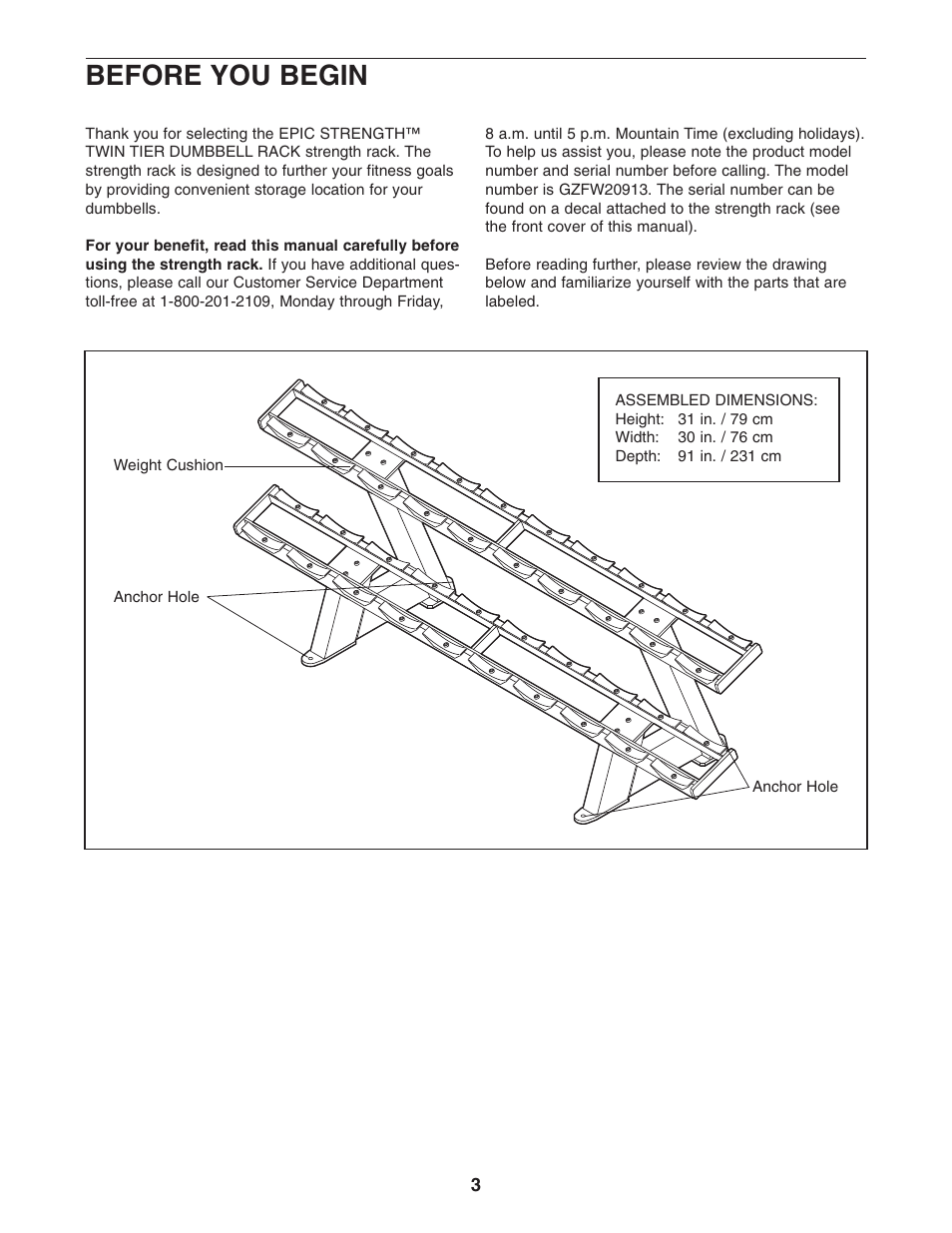 Before you begin | Epic Fitness FLAT Twin Tier Dumbbell Rack GZFW20913 User Manual | Page 3 / 8