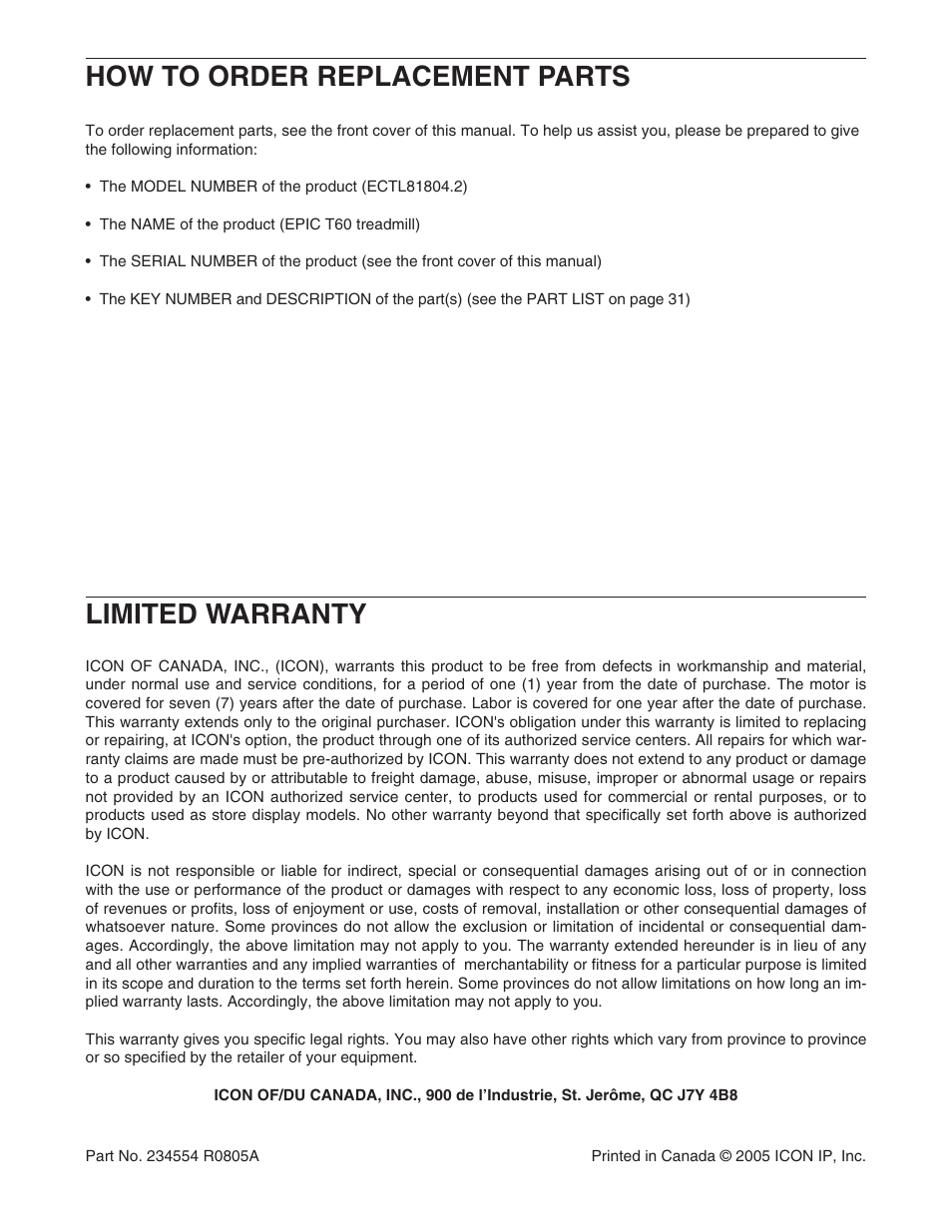 How to order replacement parts, Limited warranty | Epic Fitness ECTL81804.2 User Manual | Page 31 / 34