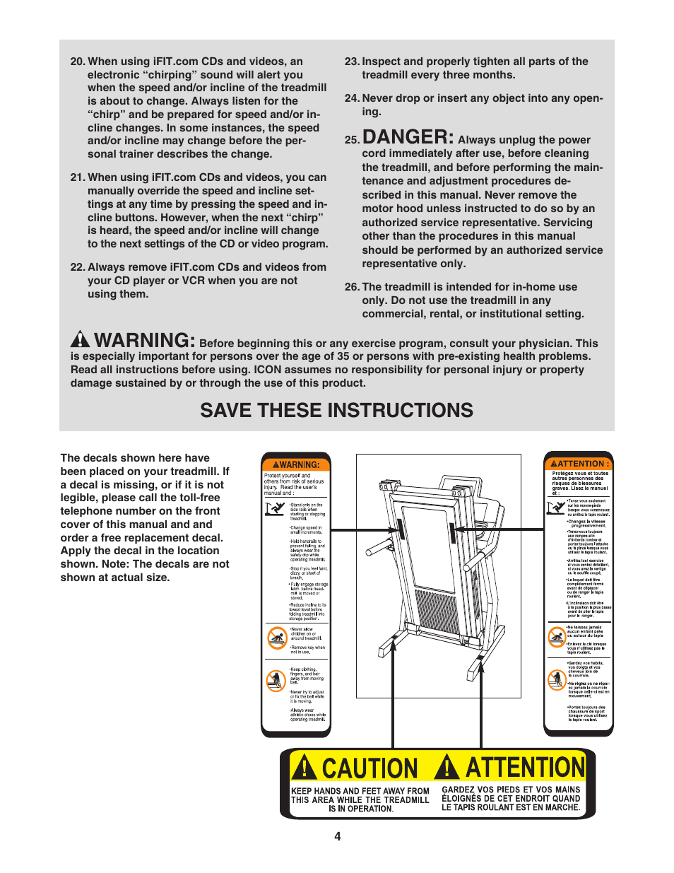 Danger, Warning, Save these instructions | Epic Fitness ECTL81804.2 User Manual | Page 4 / 34