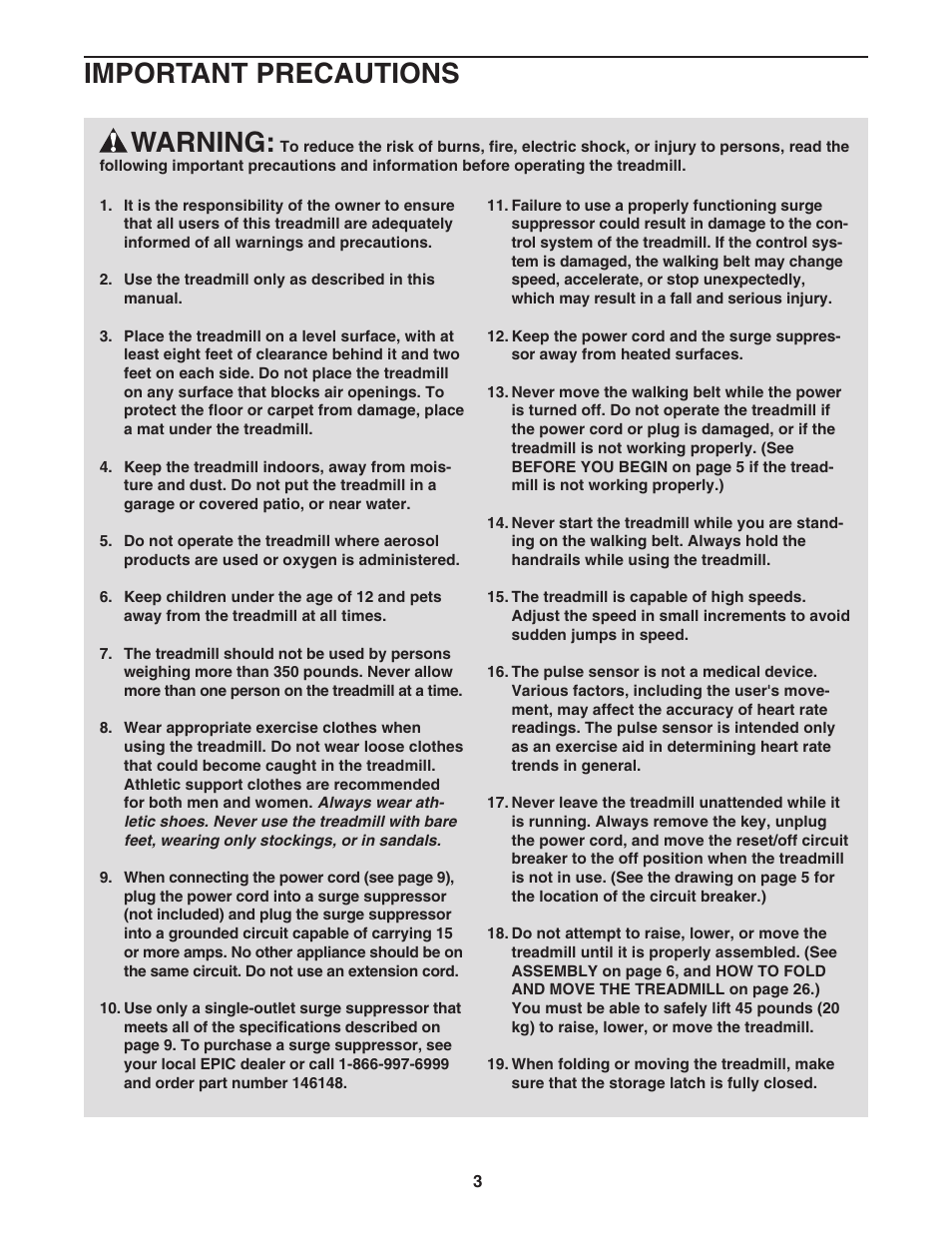 Warning, Important precautions | Epic Fitness EPTL818041 User Manual | Page 3 / 34