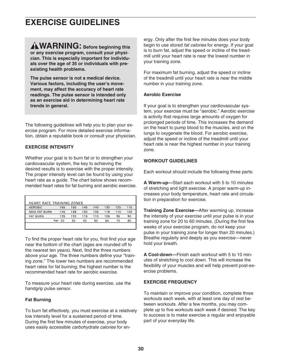 Exercise guidelines warning | Epic Fitness EPTL818041 User Manual | Page 30 / 34