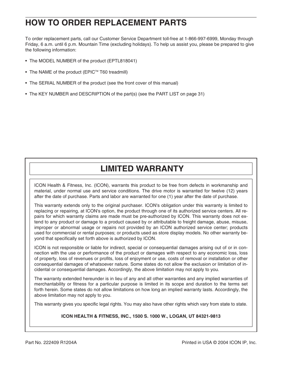 How to order replacement parts, Limited warranty | Epic Fitness EPTL818041 User Manual | Page 34 / 34