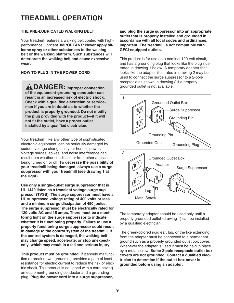 Danger, Treadmill operation | Epic Fitness ECTL81804.1 User Manual | Page 9 / 34
