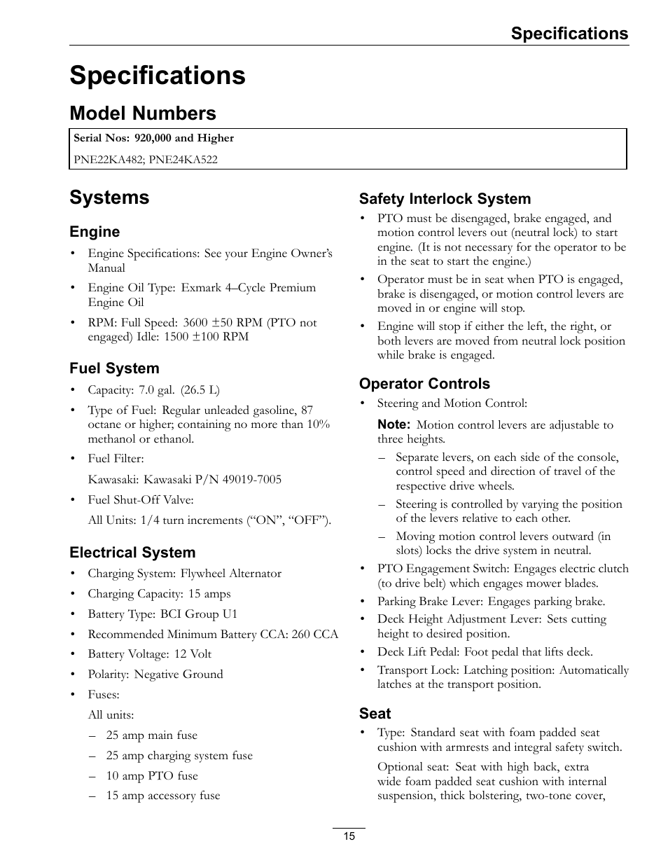 Specifications, Model numbers systems, Model numbers | Systems | Exmark E-Series User Manual | Page 15 / 52