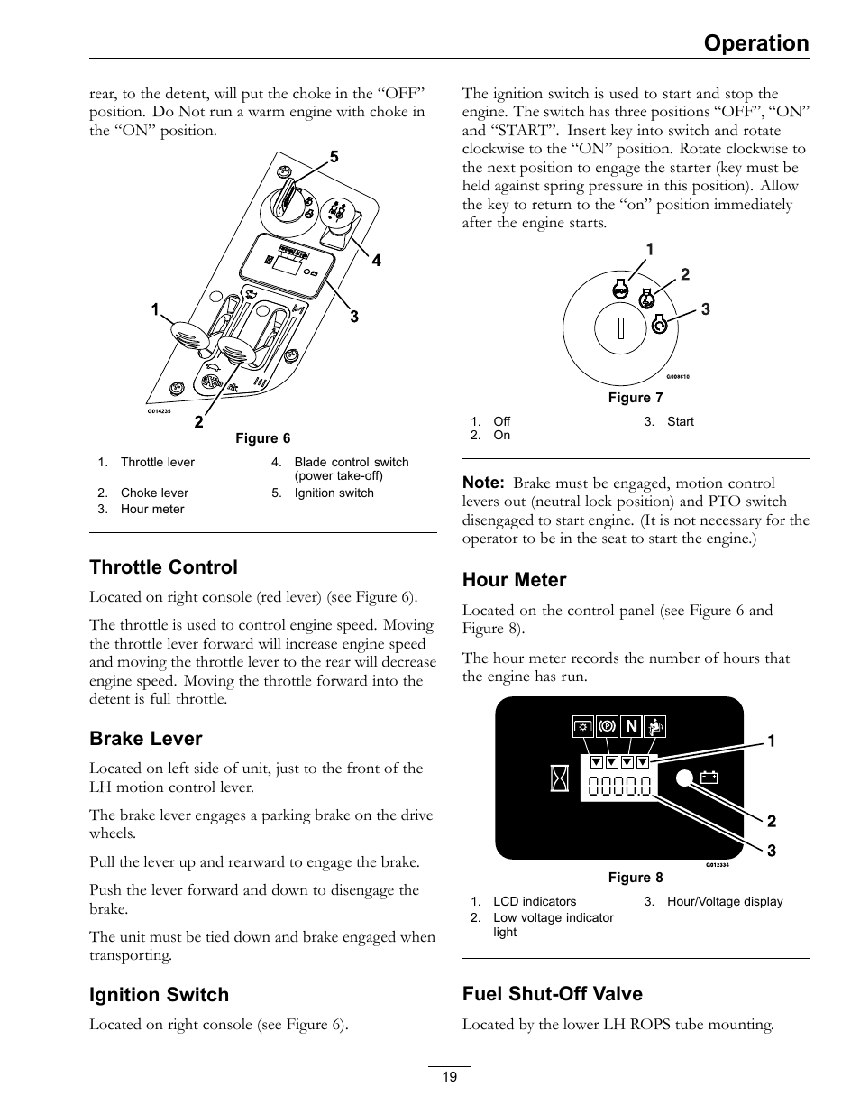Operation, Throttle control, Brake lever | Ignition switch, Hour meter, Fuel shut-off valve | Exmark E-Series User Manual | Page 19 / 52