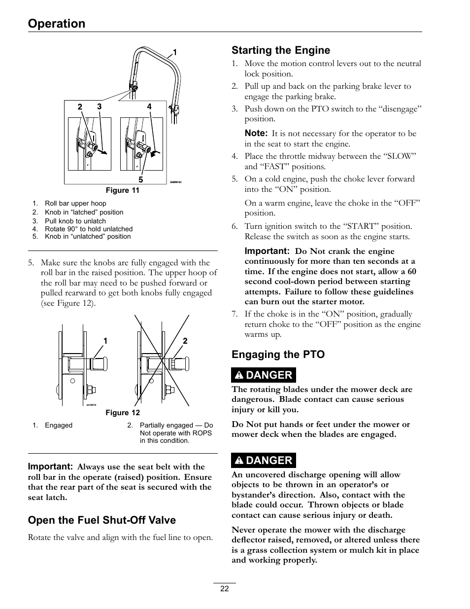 Operation, Open the fuel shut-off valve, Starting the engine | Engaging the pto danger, Danger | Exmark E-Series User Manual | Page 22 / 52