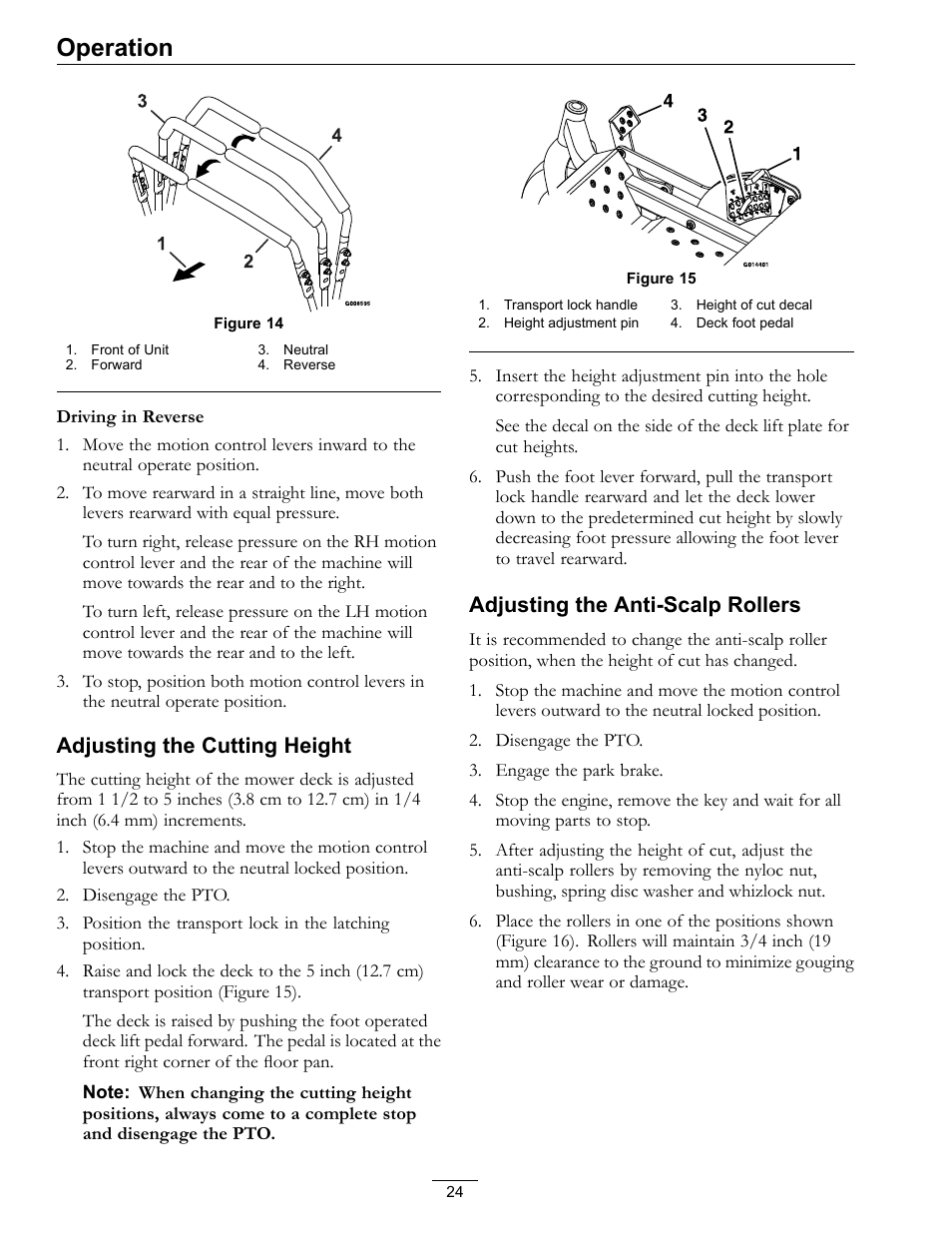 Operation, Adjusting the cutting height, Adjusting the anti-scalp rollers | Exmark E-Series User Manual | Page 24 / 52