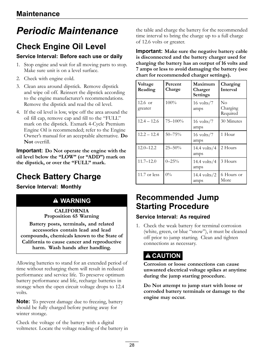 Periodic maintenance, Check engine oil level check battery charge, Check engine oil level | Check battery charge, Recommended jump starting procedure, Maintenance | Exmark E-Series User Manual | Page 28 / 52