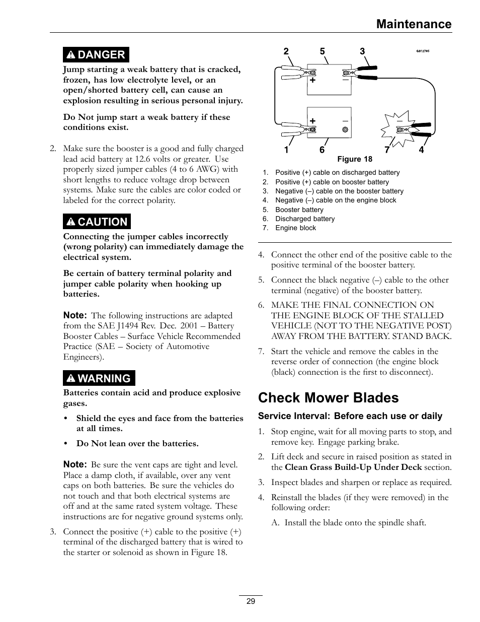 Check mower blades, Maintenance, Danger | Caution, Warning | Exmark E-Series User Manual | Page 29 / 52