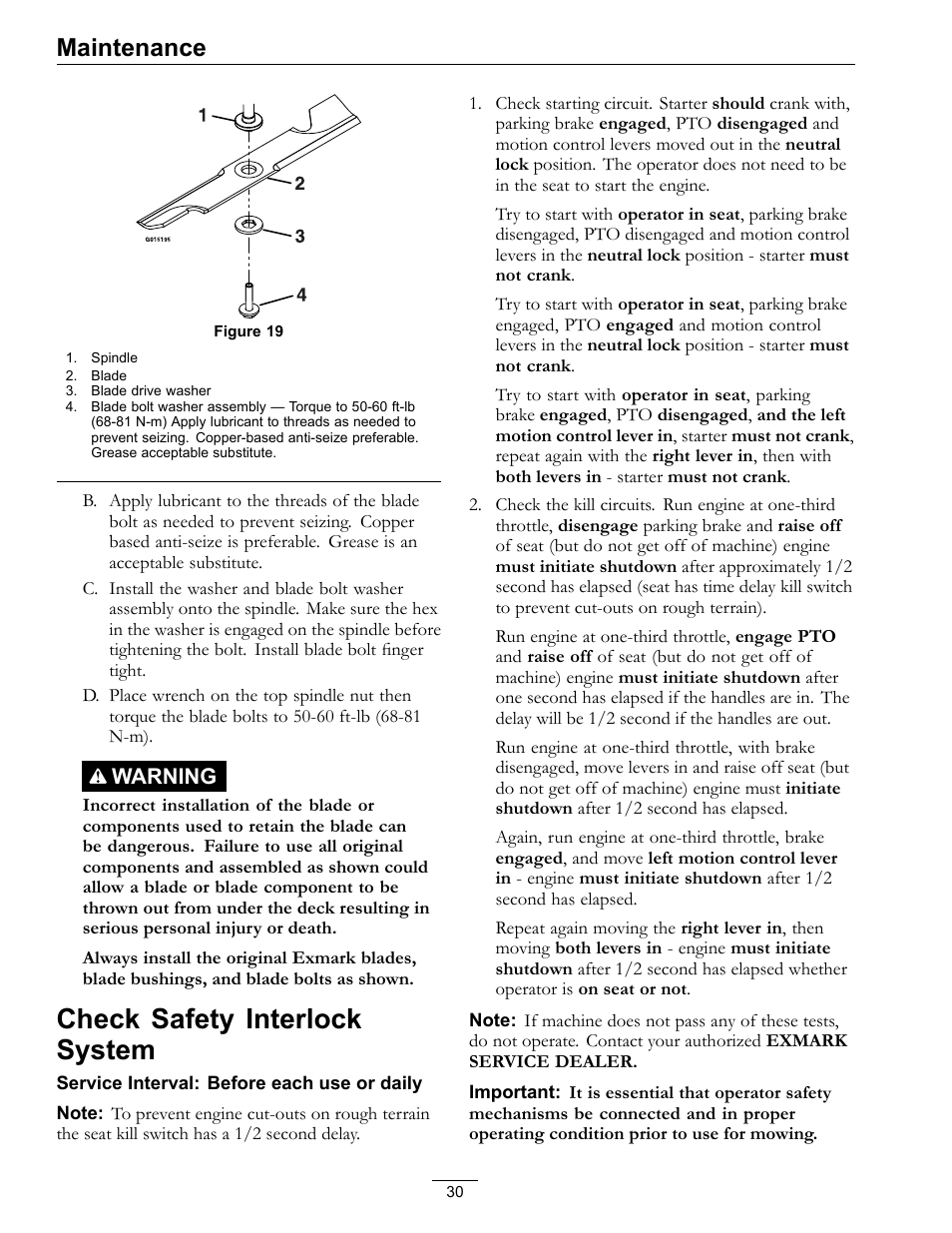 Check safety interlock system, Maintenance, Warning | Exmark E-Series User Manual | Page 30 / 52