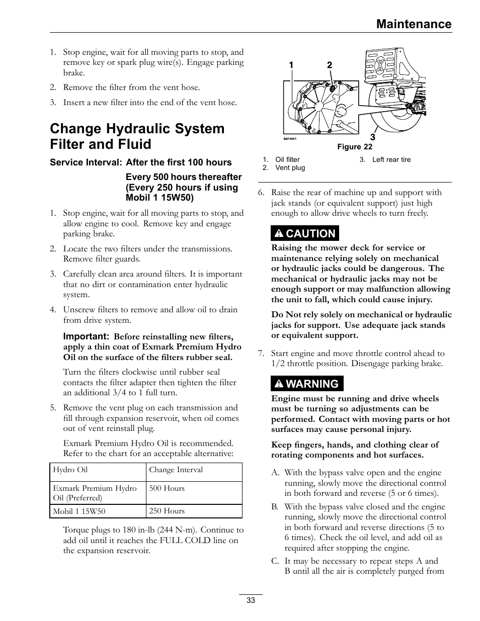 Change hydraulic system filter and, Fluid, Change hydraulic system filter and fluid | Maintenance | Exmark E-Series User Manual | Page 33 / 52