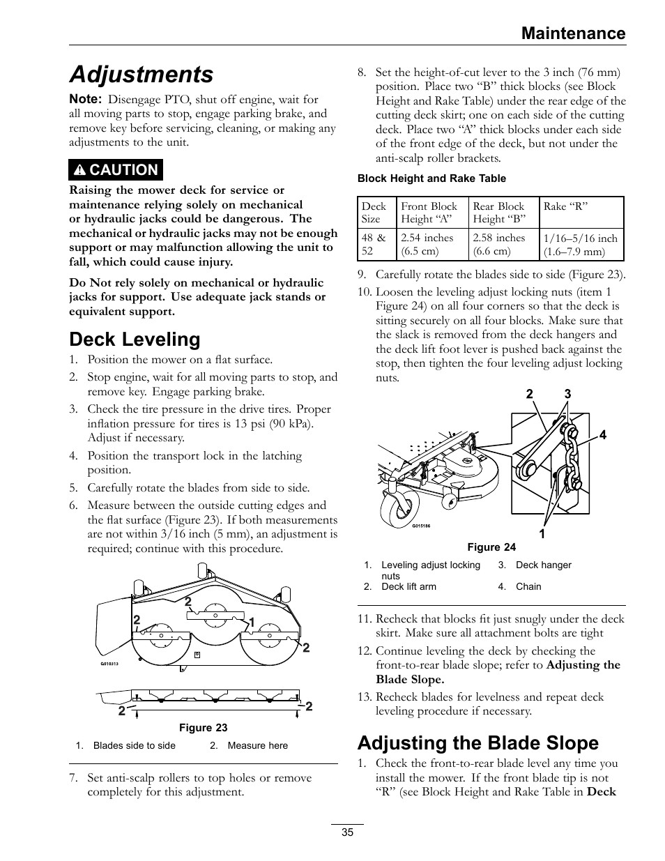 Adjustments, Deck leveling adjusting the blade slope, Deck leveling | Adjusting the blade slope, Maintenance, Caution | Exmark E-Series User Manual | Page 35 / 52