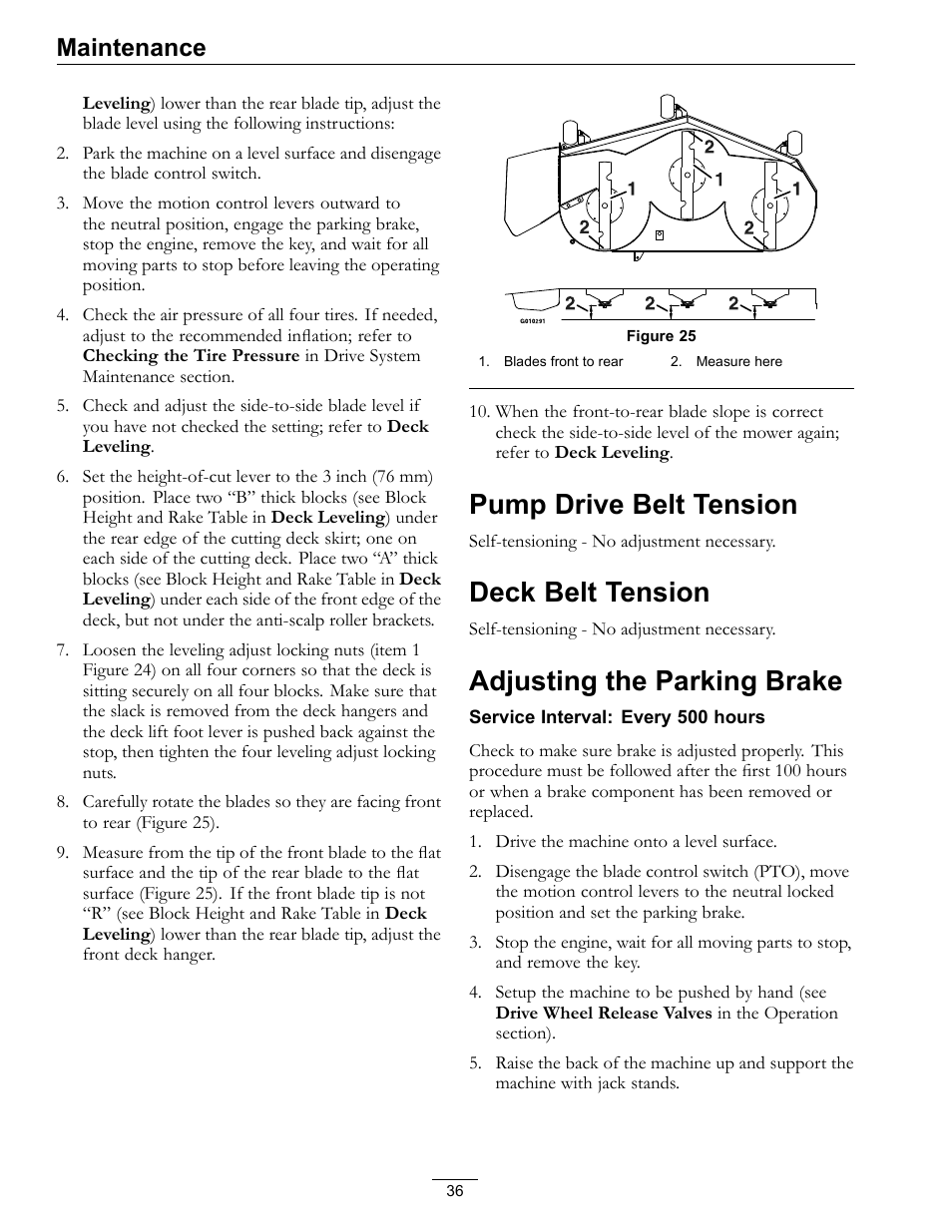 Pump drive belt tension, Deck belt tension, Adjusting the parking brake | Maintenance | Exmark E-Series User Manual | Page 36 / 52
