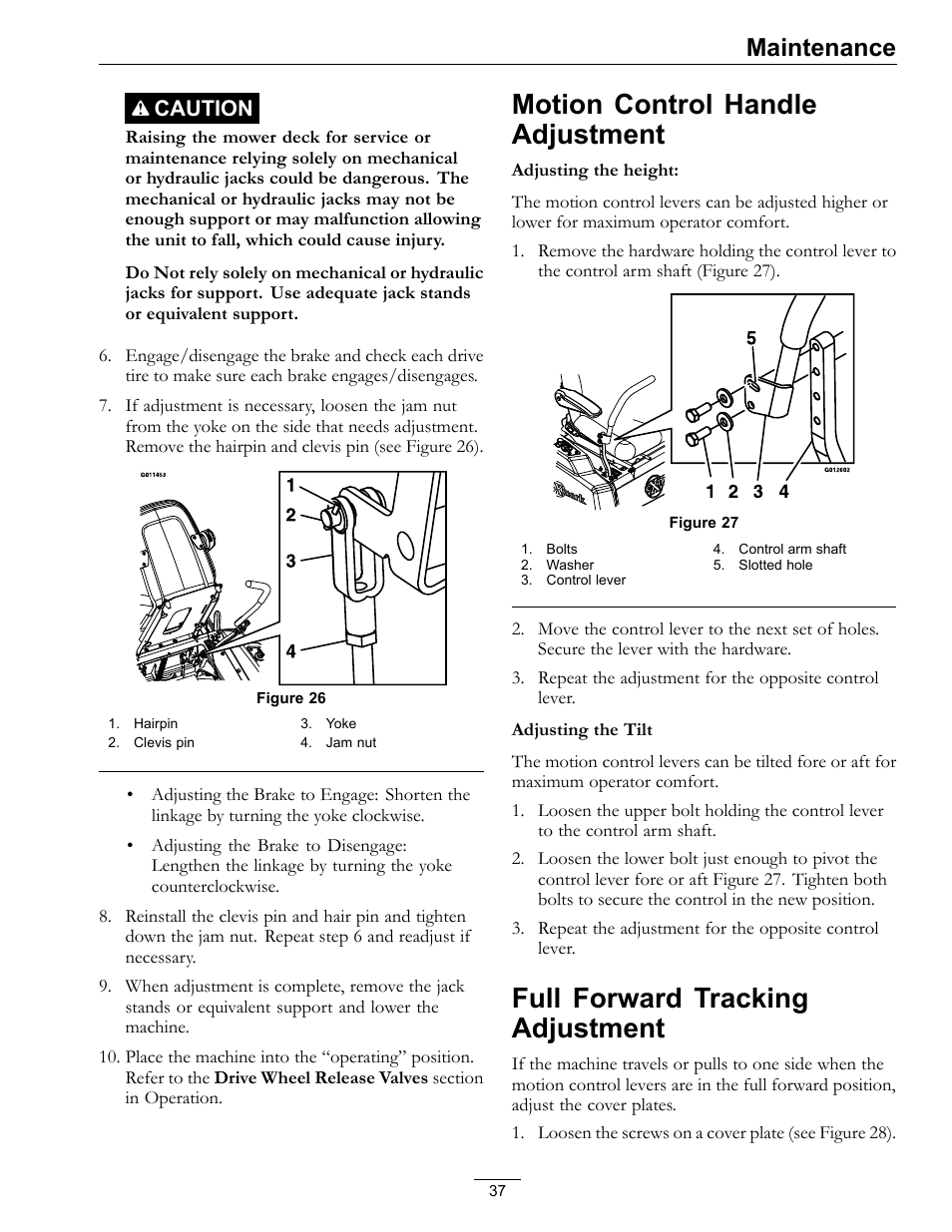 Motion control handle adjustment, Full forward tracking adjustment, Maintenance | Caution | Exmark E-Series User Manual | Page 37 / 52