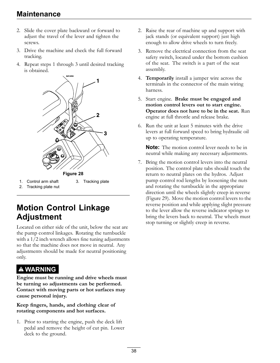 Motion control linkage adjustment, Figure 28), Maintenance | Warning | Exmark E-Series User Manual | Page 38 / 52