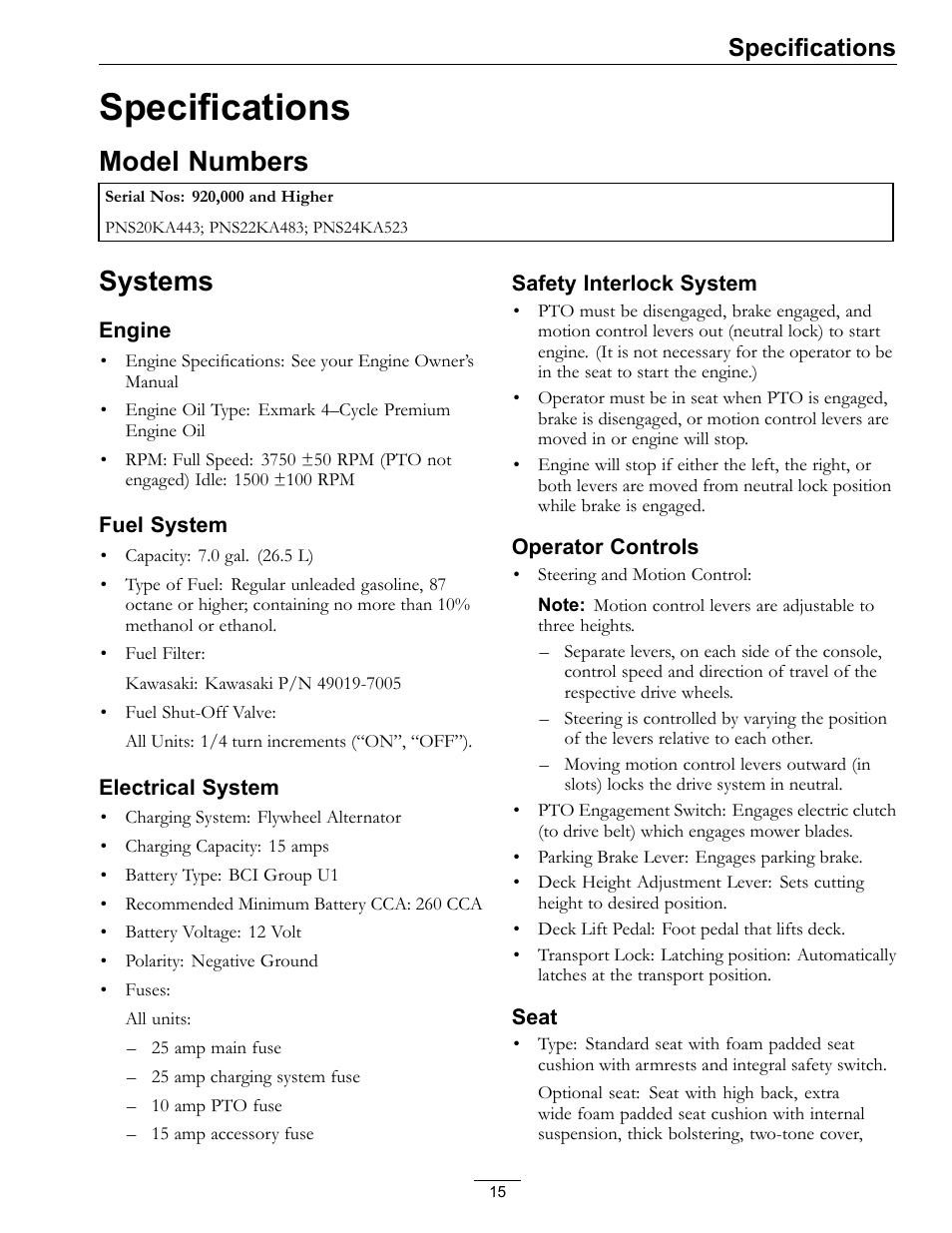 Specifications, Model numbers systems, Model numbers | Systems | Exmark Pioneer S-Series Lawn Mower PNS22KA483 User Manual | Page 15 / 52