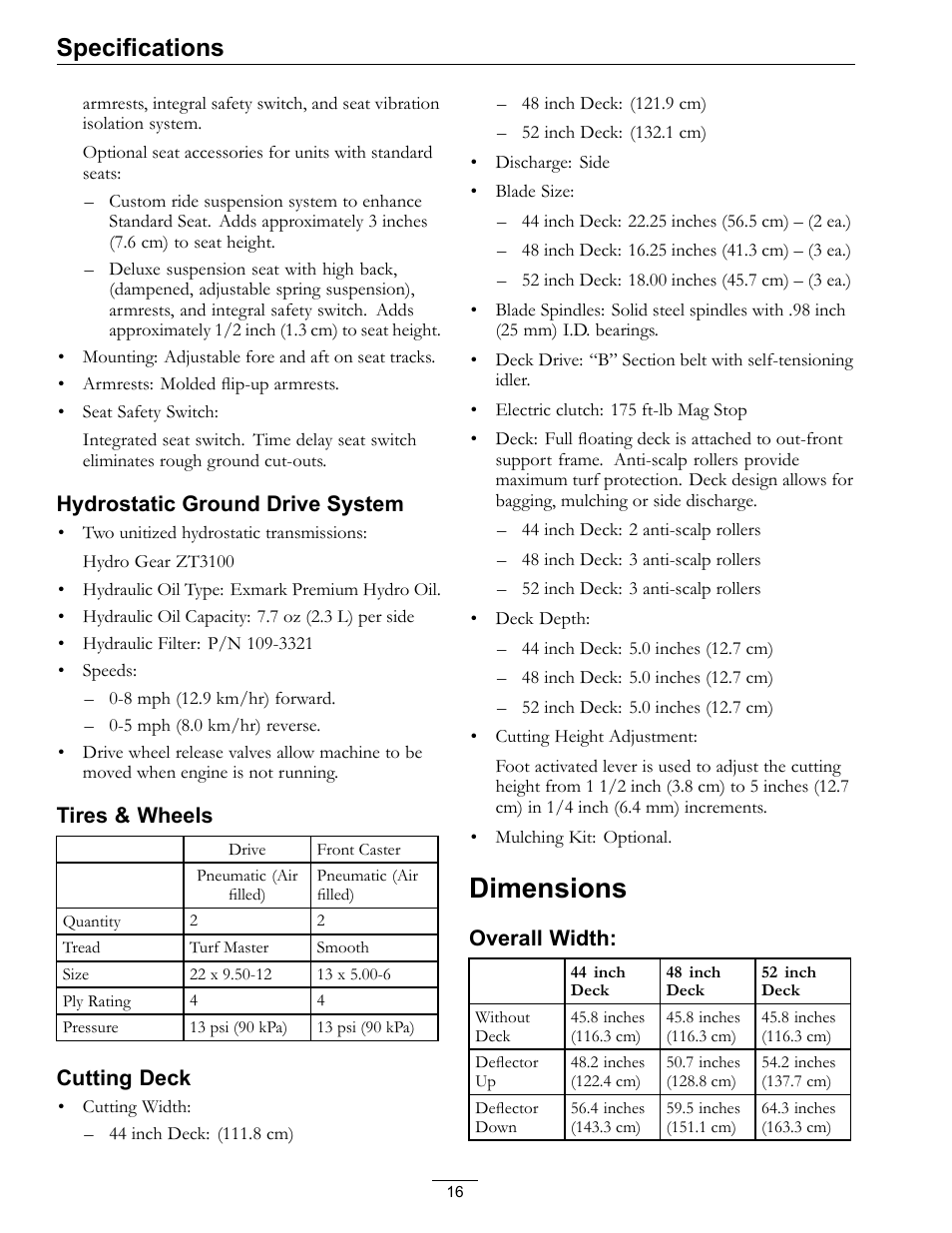 Dimensions, Specifications | Exmark Pioneer S-Series Lawn Mower PNS22KA483 User Manual | Page 16 / 52