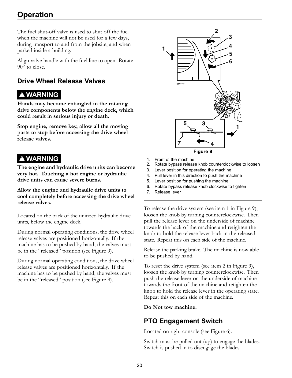 Operation, Drive wheel release valves warning, Warning | Pto engagement switch | Exmark Pioneer S-Series Lawn Mower PNS22KA483 User Manual | Page 20 / 52