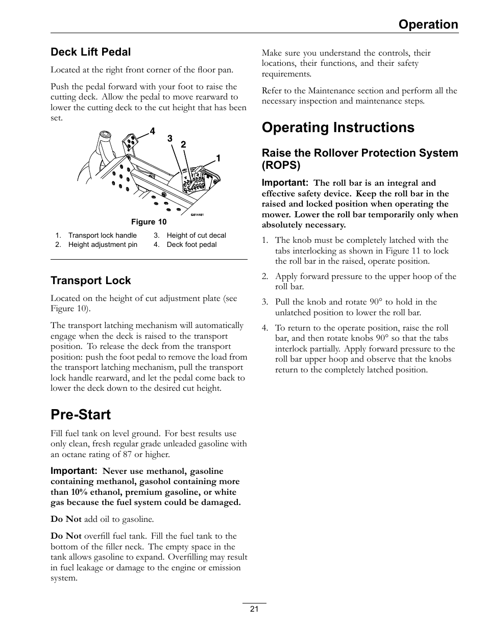 Pre-start operating instructions, Pre-start, Operating instructions | Operation | Exmark Pioneer S-Series Lawn Mower PNS22KA483 User Manual | Page 21 / 52